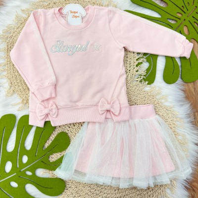 Conj. Blusa de Moletom Stargirl e Saia Tule - Rosa